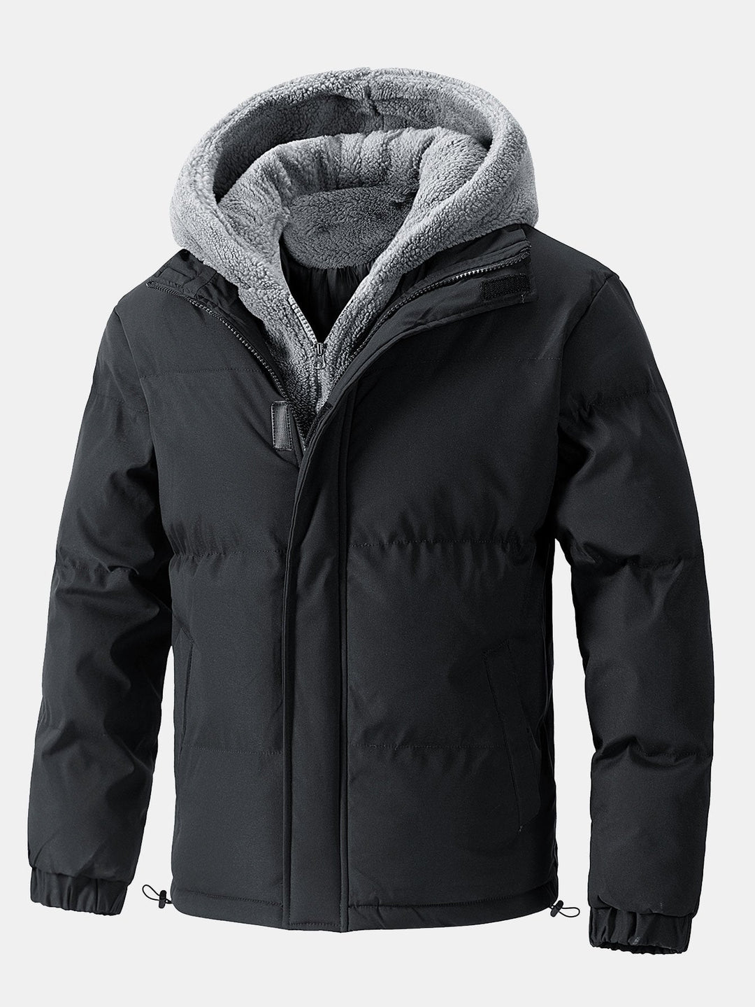 Herr Vadderad Pufferjacka med Huva – Teddy Fleece Fodrad Vinterkappa - Svart