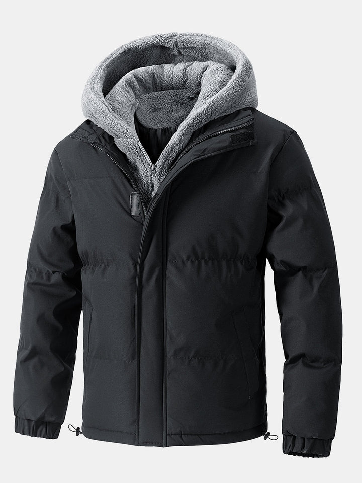 Herr Vadderad Pufferjacka med Huva – Teddy Fleece Fodrad Vinterkappa - Svart