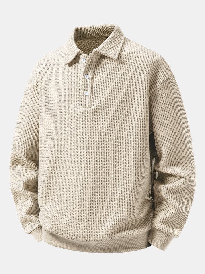 Herr Vaffeltexterad Polotröja in beige, Relaxad Passform Långärmad