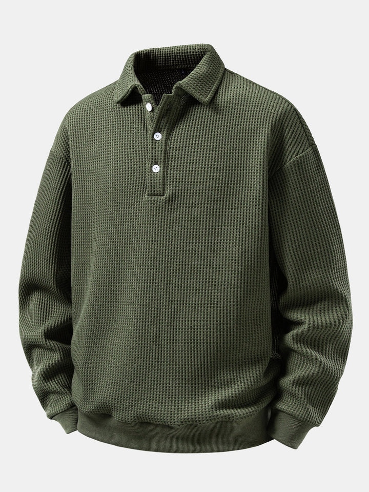 Herr Vaffeltexterad Polotröja in mörkgrön, Relaxad Passform Långärmad