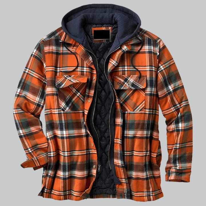 Herr Vatterad Vinterjacka - Rutig Design med Huva - Orange