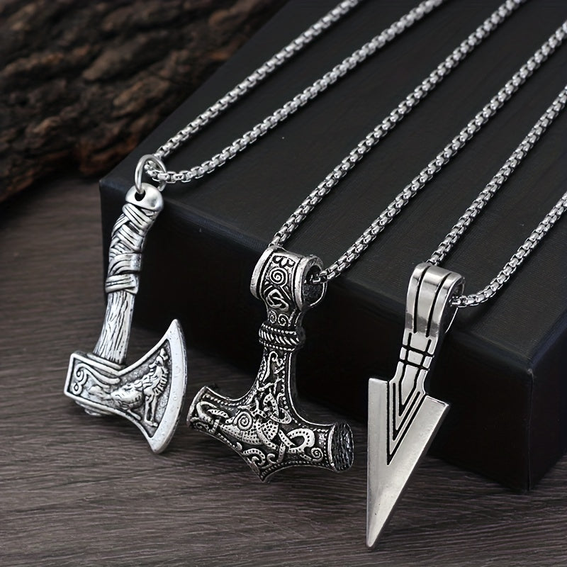 Herr Vikingkettingar Set - 3-Delad Nordisk Hängsmycke - Silvrig