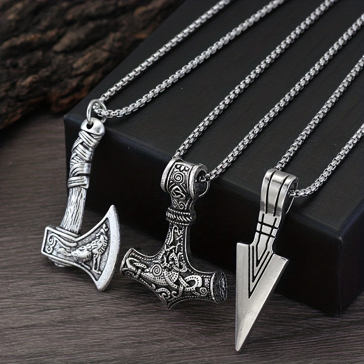 Herr Vikingkettingar Set - 3-Delad Nordisk Hängsmycke - Silvrig