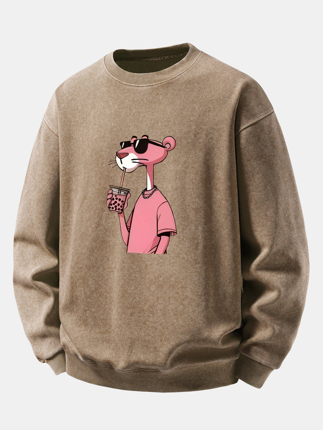 Herr Vintage Tvättad Bomull Sweatshirt in brun, Relaxed Fit Crew Neck