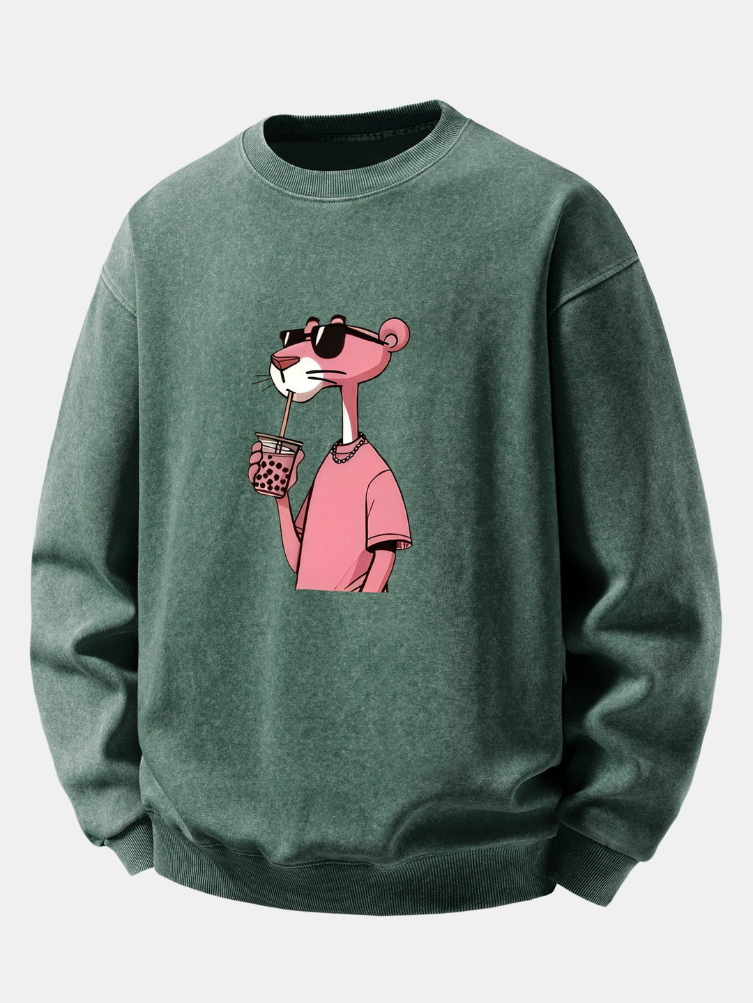 Herr Vintage Tvättad Bomull Sweatshirt in grön, Relaxed Fit Crew Neck
