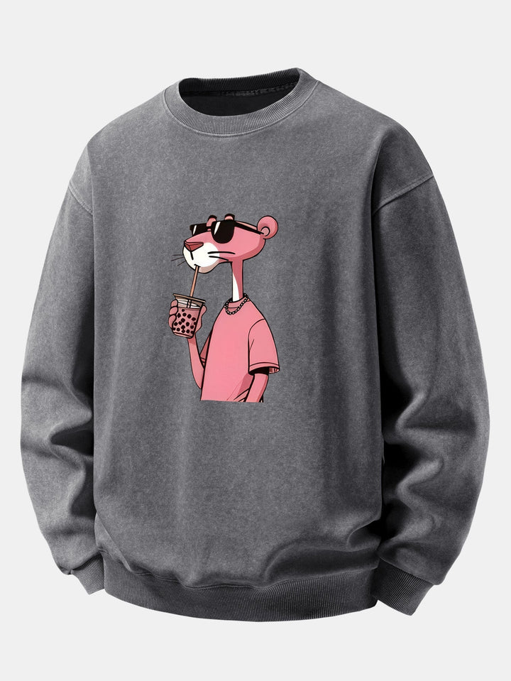 Herr Vintage Tvättad Bomull Sweatshirt in grå, Relaxed Fit Crew Neck