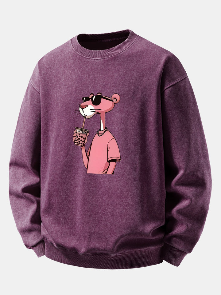 Herr Vintage Tvättad Bomull Sweatshirt in lila, Relaxed Fit Crew Neck