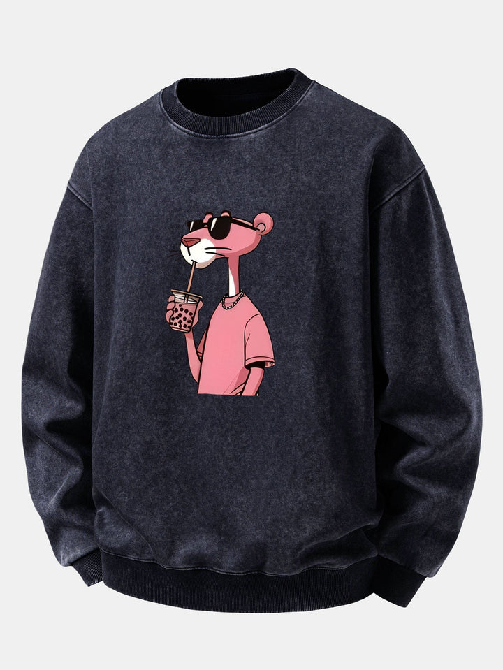 Herr Vintage Tvättad Bomull Sweatshirt in marinblå, Relaxed Fit Crew Neck