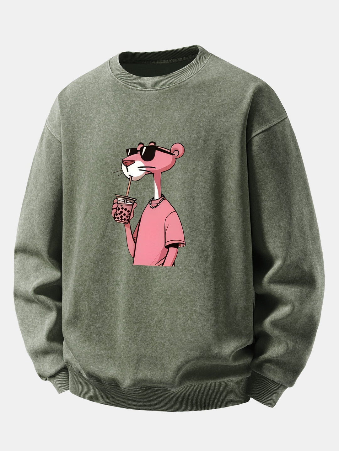 Herr Vintage Tvättad Bomull Sweatshirt in olivgrön, Relaxed Fit Crew Neck