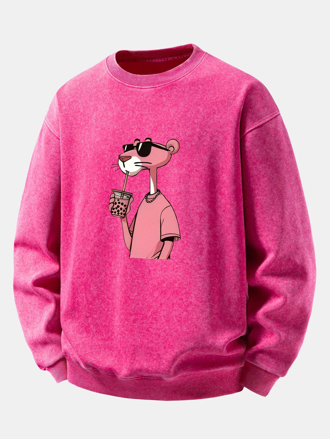 Herr Vintage Tvättad Bomull Sweatshirt in rosa, Relaxed Fit Crew Neck