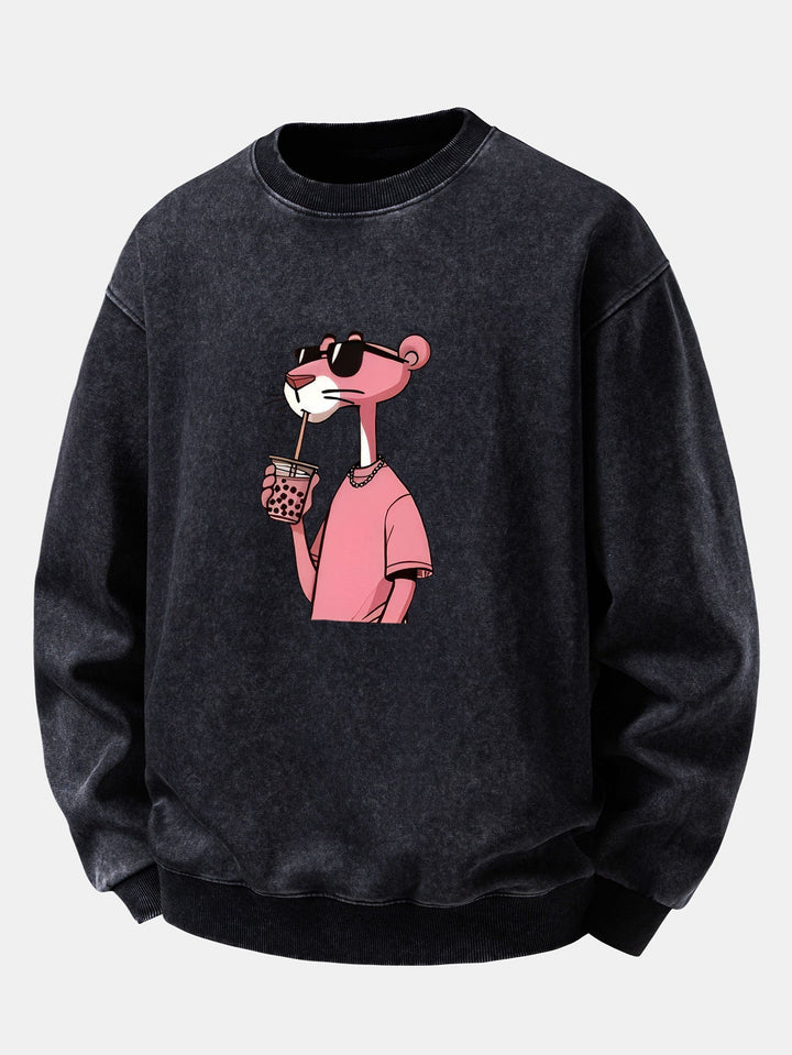 Herr Vintage Tvättad Bomull Sweatshirt in svart, Relaxed Fit Crew Neck