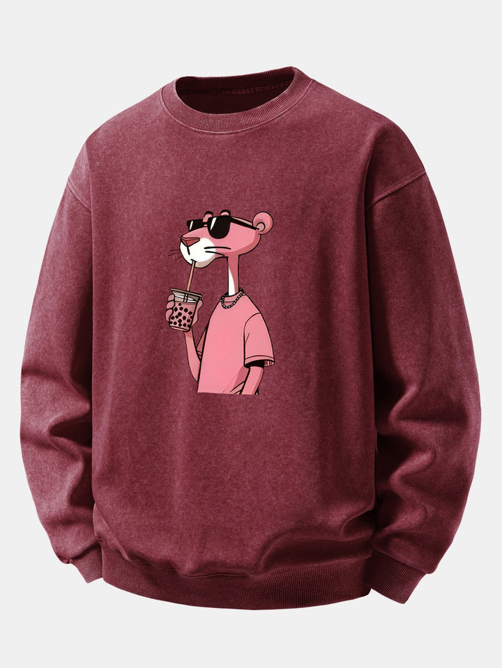 Herr Vintage Tvättad Bomull Sweatshirt in vinröd, Relaxed Fit Crew Neck