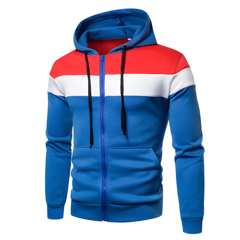 Herr Vinterjacka Sportiv Hoodie med Blixtlås - Colorblock Design - Blå