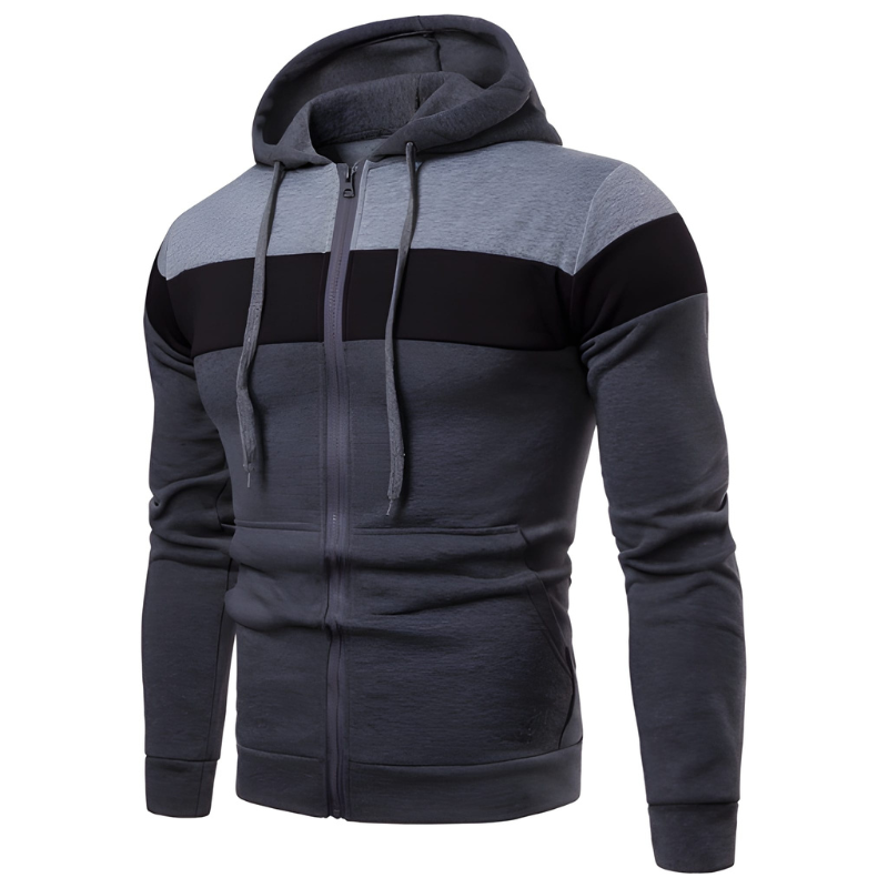 Herr Vinterjacka Sportiv Hoodie med Blixtlås - Colorblock Design - Grå