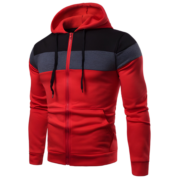 Herr Vinterjacka Sportiv Hoodie med Blixtlås - Colorblock Design - Röd