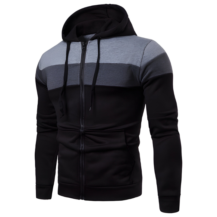 Herr Vinterjacka Sportiv Hoodie med Blixtlås - Colorblock Design - Svart