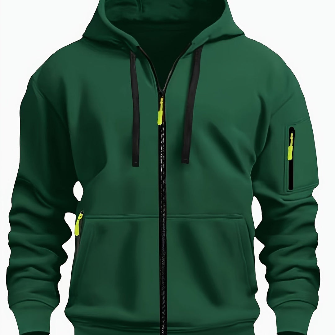 Herr Zip-Up Hoodie in mörkgrön, Vardaglig Komfort