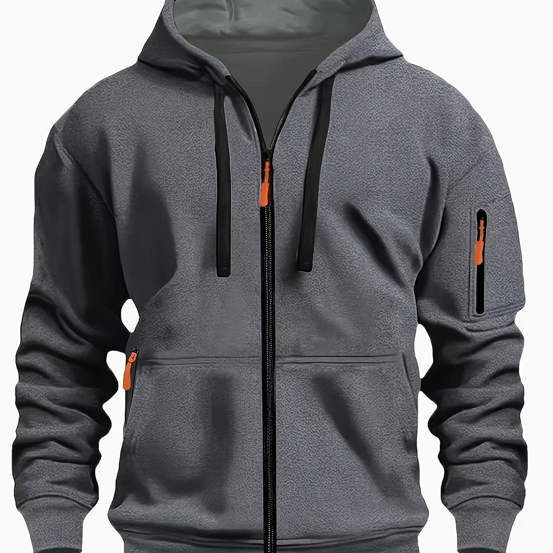 Herr Zip-Up Hoodie in mörkgrå, Vardaglig Komfort