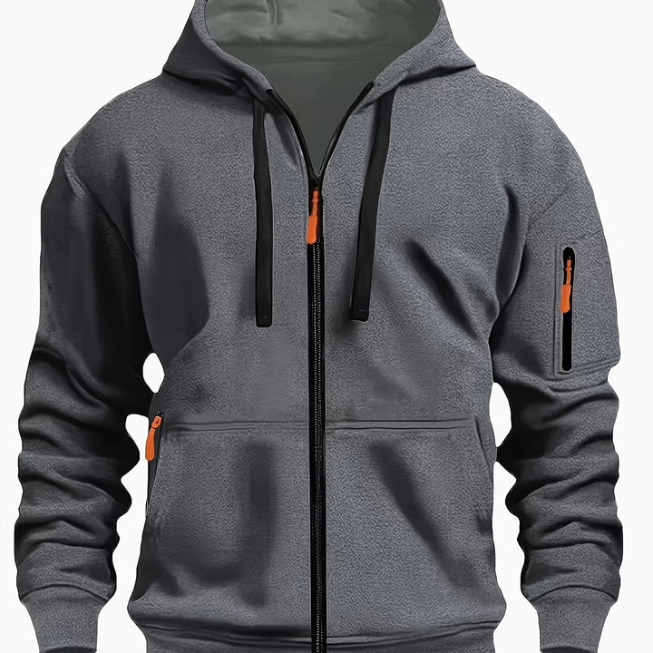 Herr Zip-Up Hoodie in mörkgrå, Vardaglig Komfort